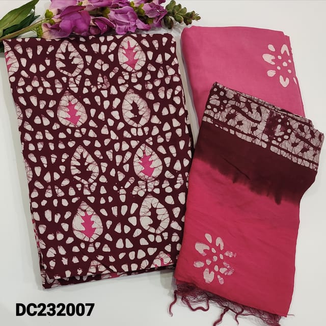 CODE DC232007 : Beetroot Purple original batik dyed modal unstitched salwar  material(lining needed) contrast modal bottom with batik design,soft silk  cotton dual shaded dupatta with batik dye,contrast pallu,TAPINGS REQUIRED.  WAX STAINS ARE