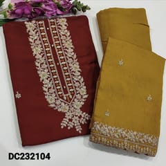 CODE DC232104 : Designer dark maroon dola silk unstitched salwar material(soft,silky,lining needed)heavy work on yoke with zari and thread,sequins work on front,contrast fenugreek yellow santoon bottom,premium soft silk cotton dupatta