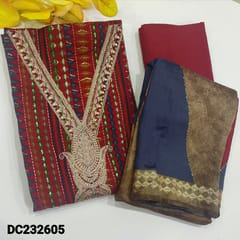 CODE DC232605 : Reddish maroon premium modal masleen unstitched salwar material,heavy embroidery work on yoke,colorful prints all over(soft,silky,lining optional)matching santton bottom,printed colorful modal masleen dupatta.