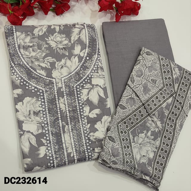 CODE DC232614 : Grey soft cotton unstitched salwar material,floral printed,thread and sequins work on yoke,(lining needed)matching fabric for lining,NO BOTTOM,printed mul cotton dupatta.