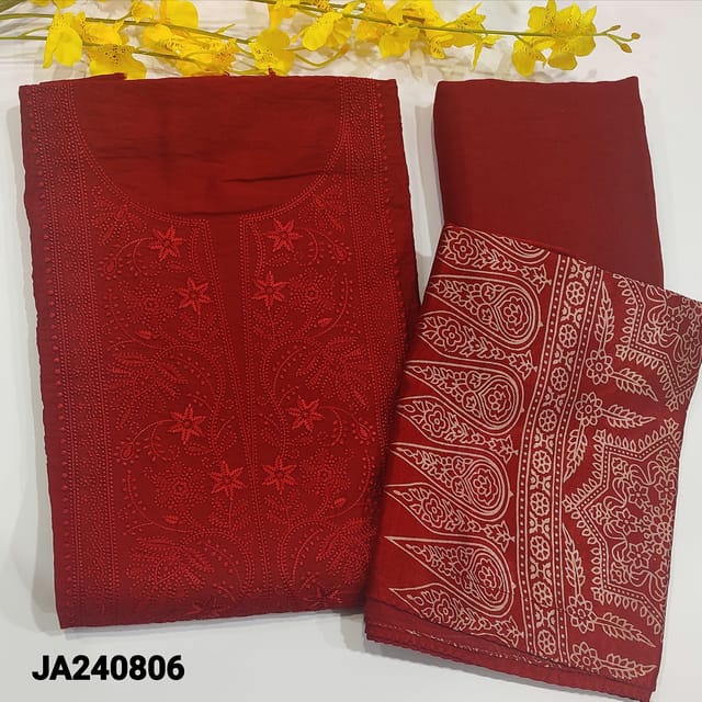 CODE JA240806 : Red fancy crinckled silk cotton unstitched salwar material with self embroidery work on yoke(soft,silky,lining needed)matching santoon bottom,gajji silk ajrak printed short-width stole-like dupatta.