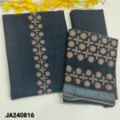 CODE JA240816 : Dark blue fancy digital printed silk cotton unstitched salwar material,printed on yoke and daman(thin,lining needed)matching silky fabric for lining,printed fancy silk cotton lightweight dupatta.