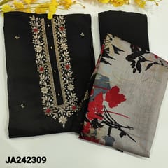 CODE JA242309 : Black pure dola silk unstitched salwar material,fine work on yoke with embroidery,thread and zardozi,embroidery and sequins work on front side(soft,silky,lining needed)matching santoon bottom,modal masleen colorful printed dupatta.