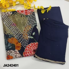 CODE JA242401 : Designer navy blue pure muslin silk unstitched salwar material,colorful and vibrant floral prints all over(soft,silky,shiny,lining needed)V neck ,santoon bottom,chiffon dupatta with lace tapings and tiny foil work all over.