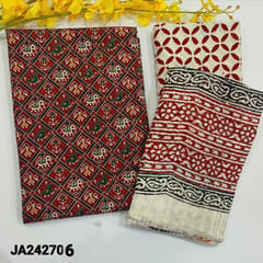 CODE JA242706 : Reddish maroon patola printed cotton unstitched salwar material(lining optional)block printed pure cotton bottom,block printed pure mul cotton dupatta,tapings required.