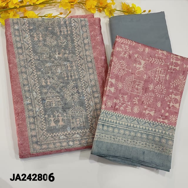 CODE JA242806 : Pastel pink silk cotton unstitched salwar material,(thin,lining needed)contrast light grey silky fabric for bottom,warli printed dual shaded silk cotton dupatta.