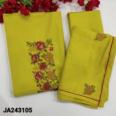 CODE JA243105 : Bright mehandi yellow premium silk cotton work,cross stitch embroidery work on yoke,matching silk cotton bottom,silk cotton dupatta with cross stitch embroidery all over with piping.