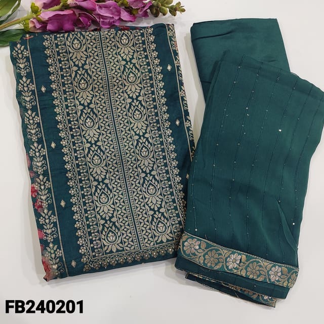 CODE FB240201 : Dark teal green pure dola silk unstitched salwar material,panel with rich banarasi zari weaving,floral printed all over(silky,lining needed)matching santoon bottom,pure chiffon dupatta with tiny sequins work and brocade tapings.