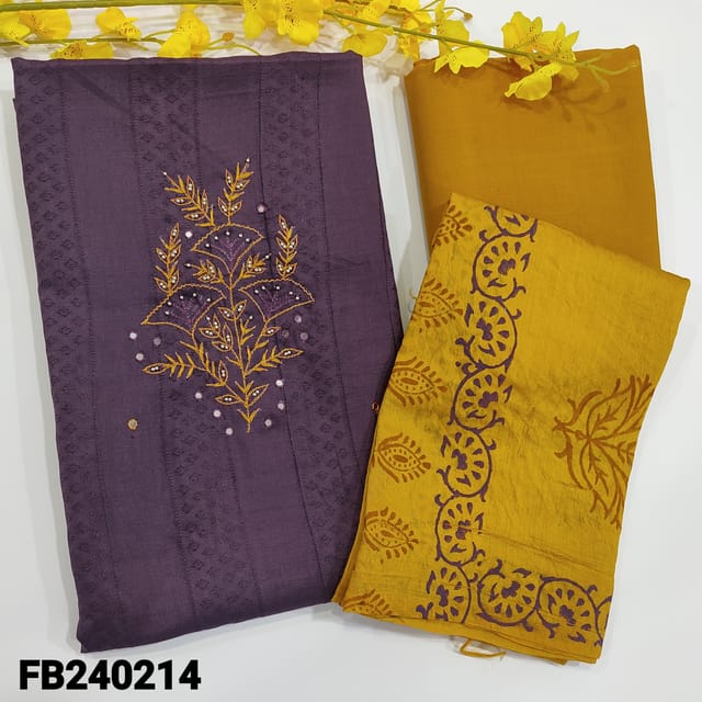 CODE JA240214 : Purple jacquard silk cotton self woven unsitched salwar material,embroidery and bead on yoke,dark fenugreek yellow cotton bottom,block printed silk cotton dupatta(TAPINGS REQUIRED)