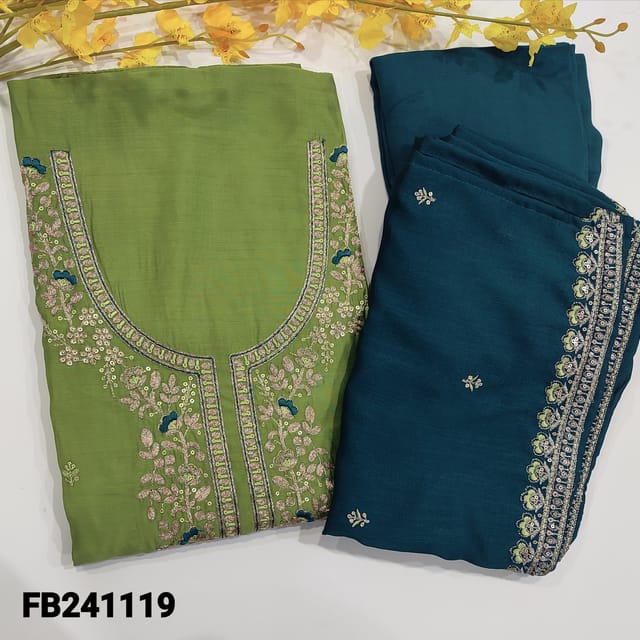 CODE FB241119 : Designer green premium silk cotton unstitched salwar material,rich zari,sequins work on yoke and on front(lining needed)dark teal blue santoon bottom,soft crepe silk dupatta with embroidery and borders.