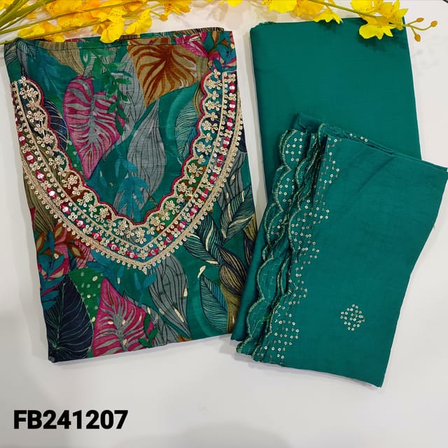 CODE FB241207 : Turquoise Blue base modal masleen unstitched salwar material,vibrant prints all over, V neck with zari,sequins work(thin ,lining optional)matching spun cotton bottom,dupatta with cut work and sequins work,with borders.