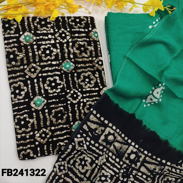 CODE FB241322 : Black original batik dyed modal unstitched salwar material(lining needed)turquoise green modal batik dyed bottom,soft silk cotton dual shaded dupatta with batik dye.TAPINGS REQUIRED. WAX STAINS ARE NOT CONSIDERED AS DEFECTS.