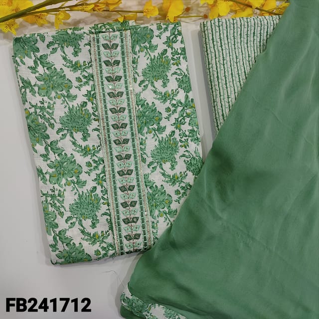 CODE FB241712 : Half white base floral printed soft cotton unsticthed salwar material,simple yoke,light green cotton bottom,chiffon dupatta with printed tapings.