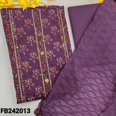 CODE FB242013 : Pure Purple printed pure cotton unstitched salwar material,zari work and wooden buttons on yoke(soft,thin,lining optional)atching dark purepl bottom,premium chiffon dupatta with self work all over and printed tapings.