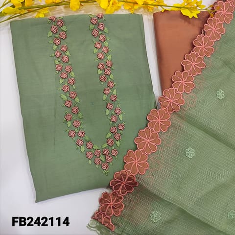 CODE FB242114 : Pastel green soft silk cotton unstitched salwar material,fine embroidery work on yoke(lining needed,soft,silky)pastel pink silk cotton bottom,pure kota dupatta with self embroidery work and borders with applique work.