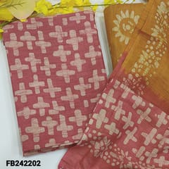 CODE FB242202 : Pink Bhagalpuri jute silk cotton unstitched salwar material with original wax batik dyed pattern(textured,lining optional)dark fenugreek yellow batik dyed bottom, bhagalpuri dual shaded dupatta.