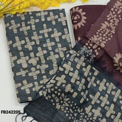 CODE FB242205 : Dark blueish grey Bhagalpuri jute silk cotton unstitched salwar material with original wax batik dyed pattern(textured,lining optional)beetroot purple batik dyed bottom, bhagalpuri dual shaded dupatta.