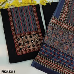 CODE FB242211 : Black pure cotton unstitched salwar material,ajrak block printed yoke patch with real mirror and thread work(soft,lining needed)matching bottom,printed pure mul cotton dupatta.