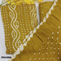 CODE FB242806 : Fenugreek yellow pure cotton unstitched salwar material, original bandhani work all over (lining needed)matching original bandhini pure cotton bottom,bandhani dupatta with cut work edges.