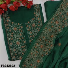 CODE FB242802 : Designer bottle green pure organza unstitched salwar material,heavy chikankari embroidery on yoke(thin,lining needed)matching santoon bottom,pure chisson dupatta with rich embroidered borders and buttas.