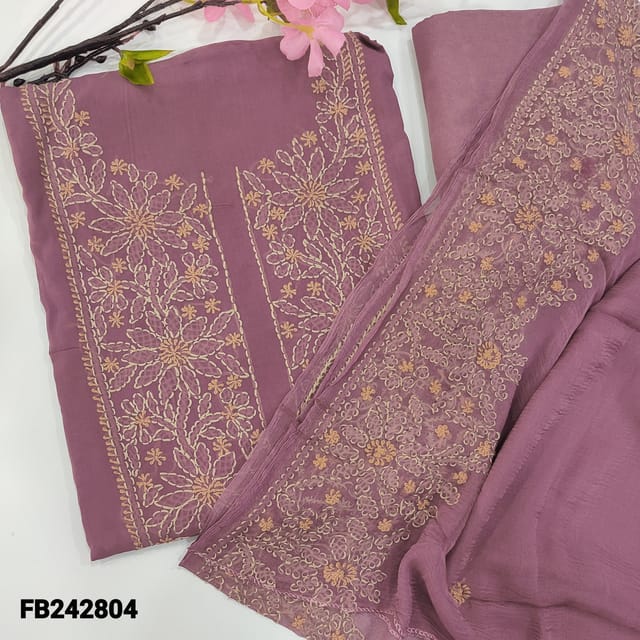 CODE FB242804 : Designer light purplish pink pure organza unstitched salwar material,heavy chikankari embroidery on yoke(thin,lining needed)matching santoon bottom,pure chisson dupatta with rich embroidered borders and buttas.