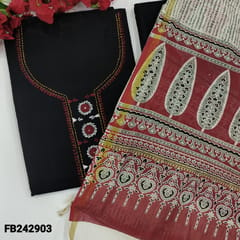 CODE FB242903 : Black premium cotton unstitched salwar material,hand embroidery & real mirror work on yoke(lining optional)contrast piping on daman,matching cotton bottom,block printed dupatta (TAPINGS REQUIRED)..