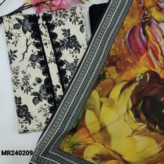 CODE MR240209 : Half white base floral printed soft silk cotton unstitched salwar material(thin,lining optional)lace on yoke,black spun cotton bottom,soft mixed cotton colorful printed dupatta.