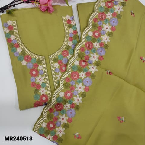 CODE MR240513 : Light mehandi green soft silk cotton unstitched salwar material(lining needed)colorful embroidery work on yoke,matching bottom,soft silk cotton dupatta with embroidery and cut work edges.