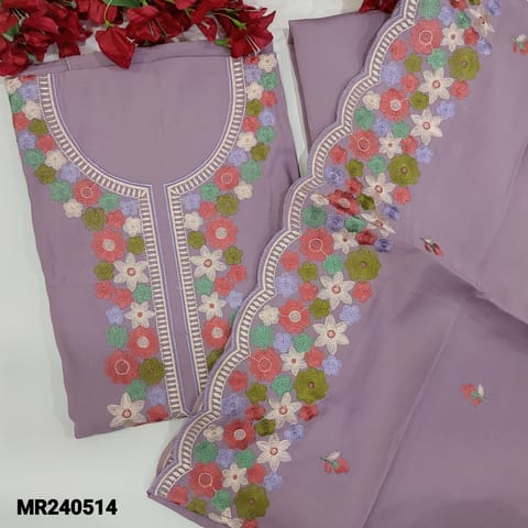 CODE MR240514 : Lavender soft silk cotton unstitched salwar material(lining needed)colorful embroidery work on yoke,matching bottom,soft silk cotton dupatta with embroidery and cut work edges.