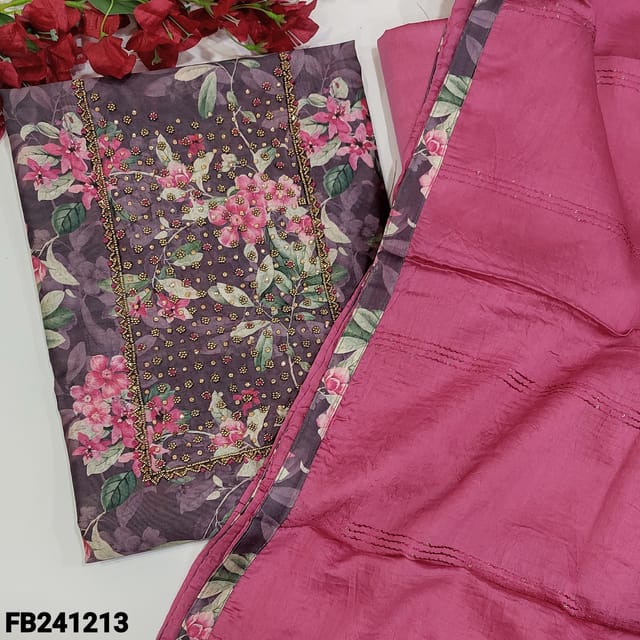 CODE FB241213 : Digital printed dark mauve premium silk cotton unstitched salwar material,stone,embroidery and bead work on yoke(thin,lining needed)pink silk cotton bottom,soft silk cotton dupatta with sequins and thread work.