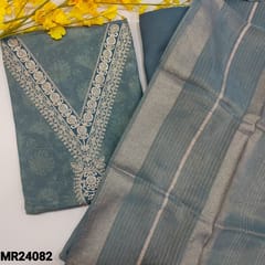 CODE MR24082 : Bluish grey with gold tint pure tissue organza silk unstitched salwar materials,V neck with zari and sequins work,floral printed all over(shiny,lining needed)matching santoon bottom,tissue organza dupatta with zari lines&tissue  pallu