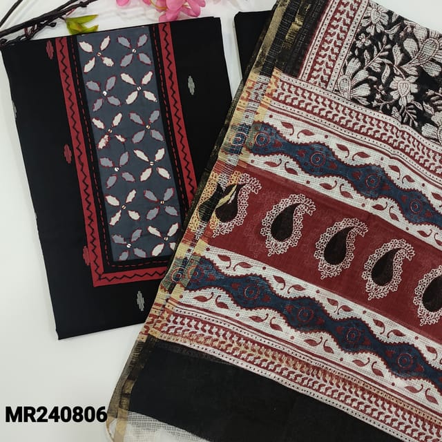 CODE MR240806 : Black premium cotton unstitched salwar material,applique work on yoke with kantha stitches,thread woven design all over(lining optional)matching cotton bottom,pure kota cotton block printed dupatta wirh tissue gold border on both sides.