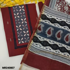 CODE MR240807 : Maroon premium cotton unstitched salwar material,applique work on yoke with kantha stitches,thread woven design all over(lining optional)matching cotton bottom,pure kota cotton block printed dupatta wirh tissue gold border on both sides.
