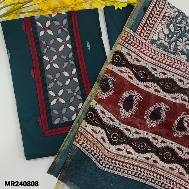 CODE MR240808 : Dark teal blue pure cotton unstitched salwar material,applique on yoke with kantha stitches,thread woven design all over(lining optional)matching cotton bottom,pure kota cotton block printed dupatta wirh tissue gold border on both sides.
