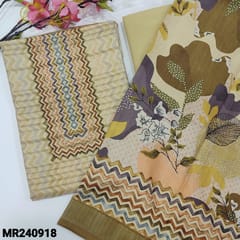 CODE MR240918 : Rich beige digital printed semi gicha unstitched salwar material(textured silk cotton)self woven all over ,printed yoke(thin,lining needed)matching silky bottom,colorful soft silk cotton printed dupatta with zari woven borders.