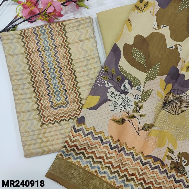 CODE MR240918 : Rich beige digital printed semi gicha unstitched salwar material(textured silk cotton)self woven all over ,printed yoke(thin,lining needed)matching silky bottom,colorful soft silk cotton printed dupatta with zari woven borders.