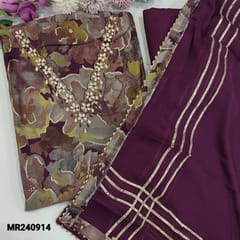 CODE MR240914 : Dark beetroot purple absract printed Modal Masleen unstitched Salwar material (silky,lining needed) V neck with gota,thread and cut work,matching Santoon Bottom, premium chiffon dupatta with printed tapings and gota lace work.