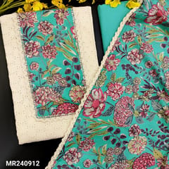 CODE MR240912 : Half white heavy schiffli embroidered cotton unstitched salwar material,turquoise blue colorful printed yoke patch on yoke with sequins details(thin,lining needed)matching cotton bottom,floral printed mul cotton dupatta with lace tapings.
