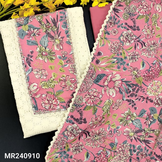 CODE MR240910 : Half white heavy schiffli embroidered cotton unstitched salwar material,pink colorful printed yoke patch on yoke with sequins details(thin,lining needed)matching cotton bottom,floral printed mul cotton dupatta with lace tapings.