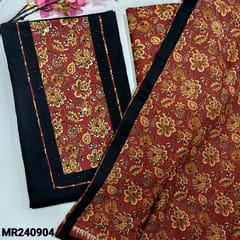 CODE MR240904 : Black pure cotton unstitched salwar material,maroon kalamkari printed yoke patch with faux mirror and thread work(lining optional)printed cotton bottom,printed mul cotton dupatta with tapings.