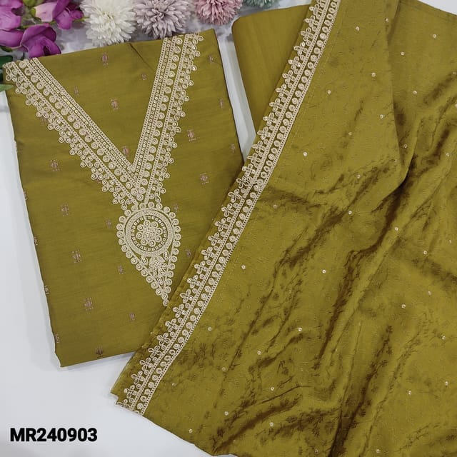 CODE MR240903 : Mehandi green jacquard silk cotton unstitched salwar material, V neck with zari work,self woven design all over(lining needed)matching drum dyed cotton lining,NO BOTTOM,soft jacquared silk cotton dupatta with zari buttas and embroidery.