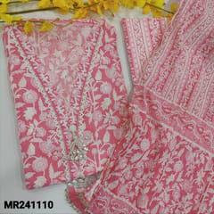 CODE MR241110 : Pink pure cotton unstitched salwar material, collared v neck with fancy bead and tassles(thin lining needed)printed cotton bottom,printed mul cotton dupatta with kota lace tapings.