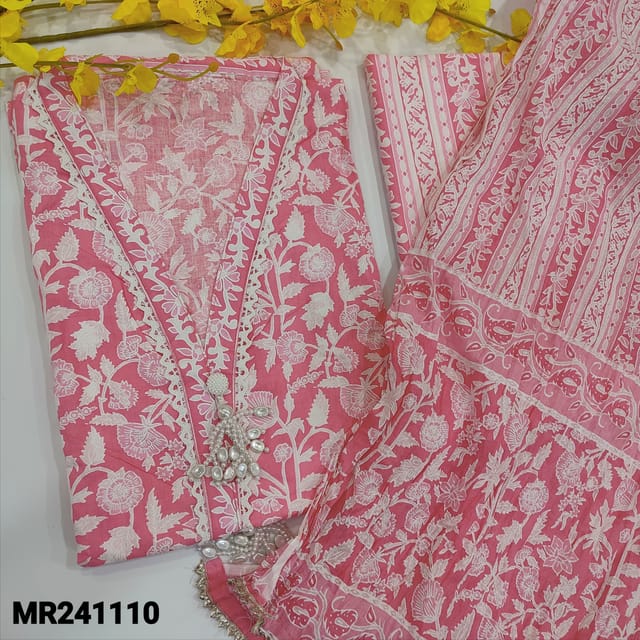 CODE MR241110 : Pink pure cotton unstitched salwar material, collared v neck with fancy bead and tassles(thin lining needed)printed cotton bottom,printed mul cotton dupatta with kota lace tapings.