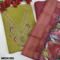 CODE MR241002 : Designer mehandi green pure dola silk unstitched salwar material,v neck with zari and sequins work(silky,lining needed)pink santoon bottom,digital printed colorful silk cotton dupatta and rich zari woven borders.