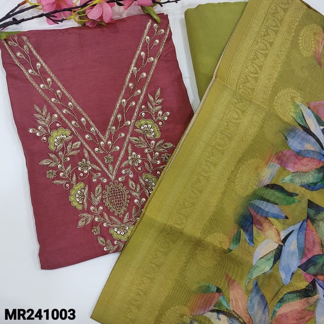 CODE MR241003 : Designer pink pure dola silk unstitched salwar material,v neck with zari and sequins work(silky,lining needed)mehandi green santoon bottom,digital printed colorful silk cotton dupatta and rich zari woven borders.
