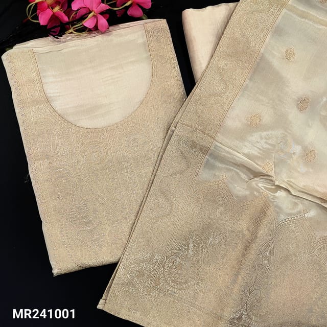 CODE MR241001 : Designer rich beige pure organza silk unstitched salwar material(silky,shiny,lining needed)rich zari woven yoke and panel pattern,matching silky bottom,organza silk dupatta with rich zari weaving.