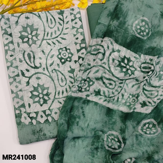 CODE MR241008 : Light cement green original wax batik dyed pure kantha cotton unstitched salwar material(lining optional)matching cotton lining,NO BOTTOM,premium chiffon dupatta with original wax batik pattern(TAPINGS REQUIRED)