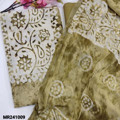 CODE MR241009 : Mehandi green original wax batik dyed pure kantha cotton unstitched salwar material(lining optional)matching cotton lining,NO BOTTOM,premium chiffon dupatta with original wax batik pattern(TAPINGS REQUIRED)