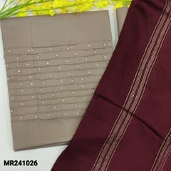 CODE MR241026 : Dark beige slub cotton unstitched salwar material,pintex and sugarbead work on yoke(lining optional)matching cotton bottom,dark maroon fancy silk cotton dupatta with zari lines all over(TAPINGS REQUIRED).