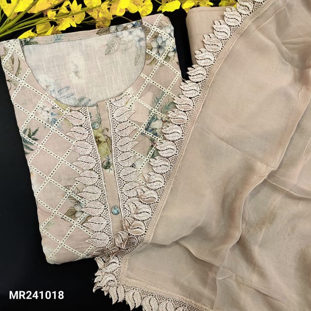 CODE MR241018 : Rich beige floral printed pure linen unstitched salwar material(soft,lining needed)fancy lace work on front,matching lining,NO BOTTOM,pure chiffon short width dupatta with lace tapings.